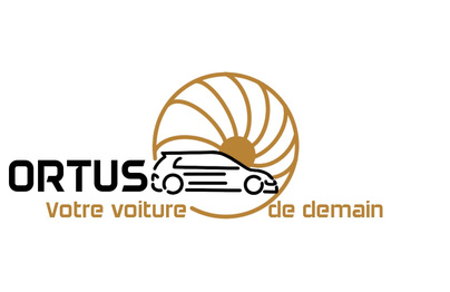 Logo de "Ortus": les contours d'une voiture sont dessinés devant un soleil inspiré des jantes de voiture.
On peut lire le texte "Votre voiture de demain" sous la voiture.